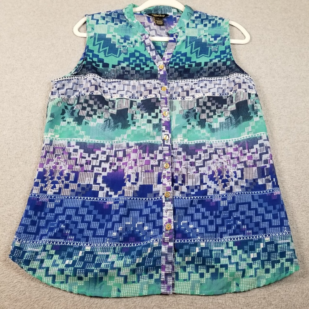 Millenium Tank Top Women's Large L Blue Green Geometric Abstract Sheer Button Up